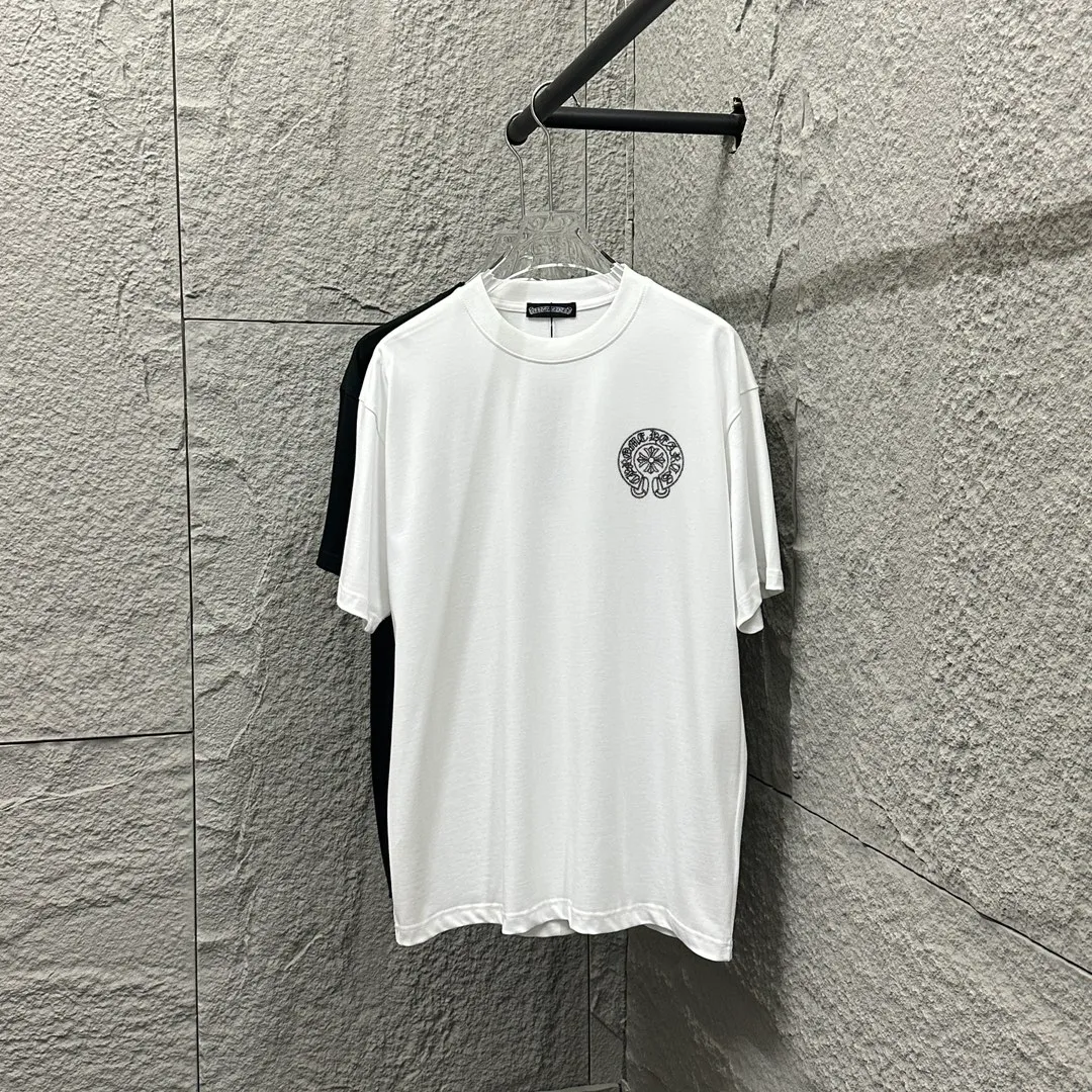 🅿️180 CH*Cro Heart*2025 spring and summer new style Classic horseshoe embroidery Customized double yarn plain cotton fabric Short-sleeved T-shirt Unisex Color: Black White Size: S (90-130 catties) M (120-150 catties) L (140-165 catties) XL (160-180 catties) XXL (180-210 catties)